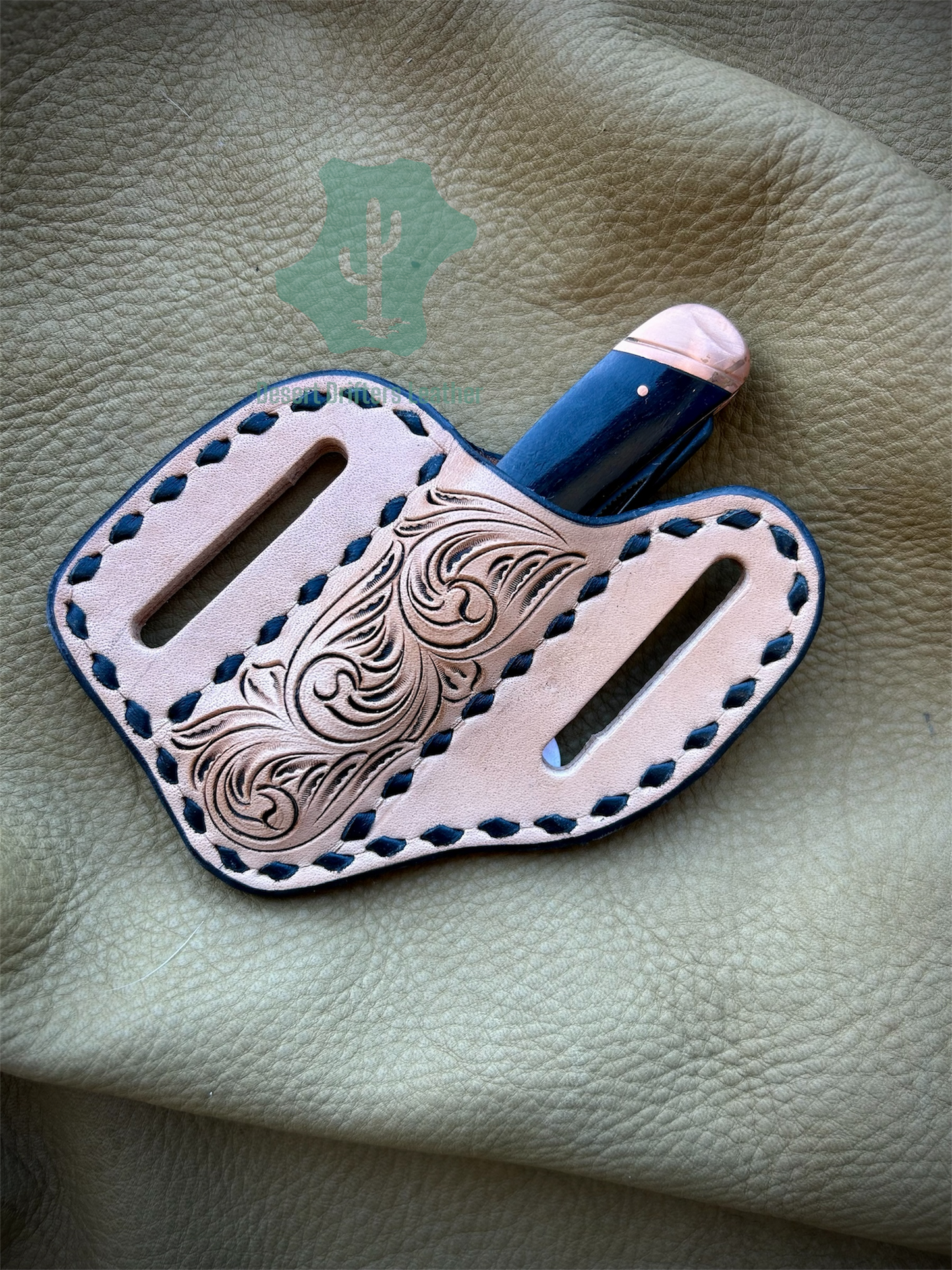 Black Buckstitch Belt Sheath & Knife