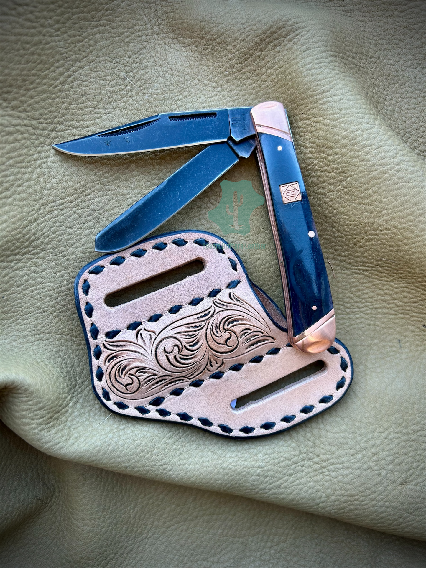 Black Buckstitch Belt Sheath & Knife